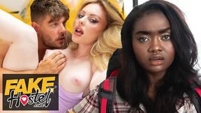 PAWG cheats on boyfriend with Ebony babe, sneaky hardcore doggy sex