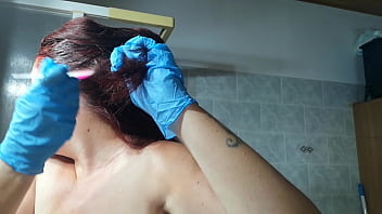 Red hair dye super fetish latex gloves