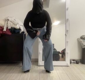 Flared wide leg palazzo jeans sissy in black body jacket masturbating and waiting for a mistress to suck cocks and BDSM