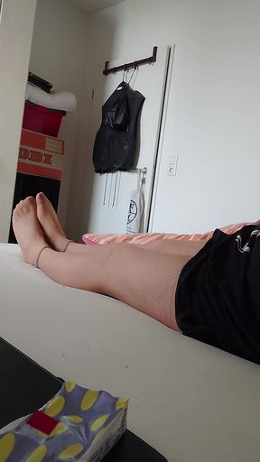 Nylonjunge in the Nightgown and Tights in Bed