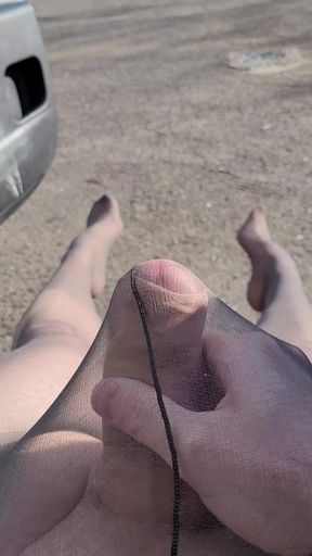 Cum in sheer tights in public car park