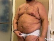 Verbal fat guy talks down to you/degrades you while you watch; oils up chest, moobs, and thighs too
