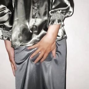 Silver Long Satin Skirt Pissed and Cum Rag