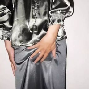 Silver Long Satin Skirt Pissed and Cum Rag