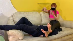 Thin and pigtailed mistress Kira in black leggings - use chair slave and trying extreme facesitting poses