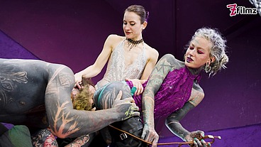 Heavy TATTOOed sub played with and PEGGED by 2 dominas