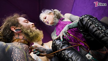 Heavy TATTOOed sub played with and PEGGED by 2 dominas