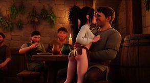 Hot Sensual Platinum Blonde Barmaid Flirty Wild Night in Bustling Medieval Fantasy Tavern with Cheerful Patrons