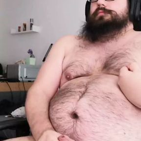 Fat bear masturbates and cums on himself