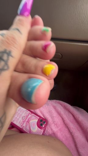 Stomping on Your Face POV Soles Car Ride Wrinkled Feet Small Foot Painted Toenails Arches
