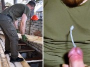 Builder jerks off hot dick after work! Big load of cum!