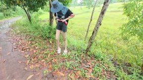 Thai Girl Walking Showing Along the Side of the Field Road in the Countryside Thai Outdoor Public