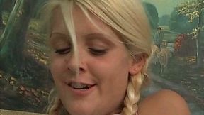 Blond charming girlie with braids starts moaning while getting cunnilingus