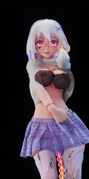 Phone Number Anal Plug; Bead Chain; Bare-bottomed Ultra-short Skirt; White Stockings