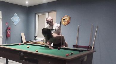 Belgian waitress slurps thick cocks at the pool table