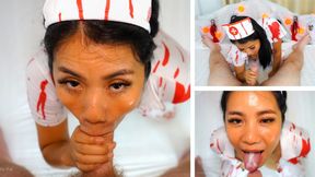 Thai Babe in Halloween Costume Sucking Cock