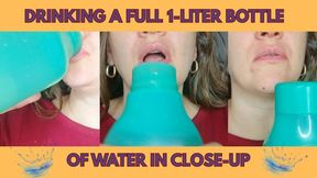Drinking a Full 1-Liter Bottle of Water in Close-Up