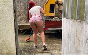 Very Hot Maid Cleaning the Construction Site