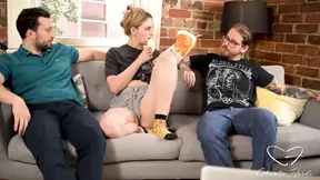 Hot girlfriend gets naked during movie night with boyfriend and friends