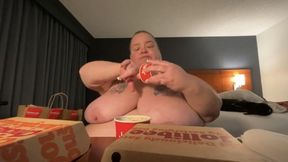 Topless SSBBW Feedee Stuffs Her Huge Belly With Fried Chicken, Spaghetti, Gravy & More!