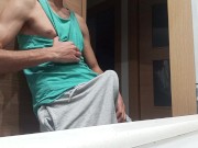 Slim Guy in a Tank Top Shows How He Cums with His Huge Shaved Cock