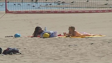 PillowGirls - After beating 2 strangers at beach volleyball, they also fuck them in a lesbian foursome