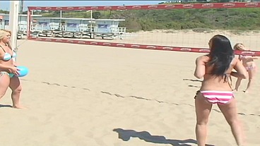 PillowGirls - After beating 2 strangers at beach volleyball, they also fuck them in a lesbian foursome