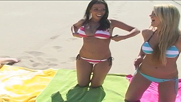 PillowGirls - After beating 2 strangers at beach volleyball, they also fuck them in a lesbian foursome