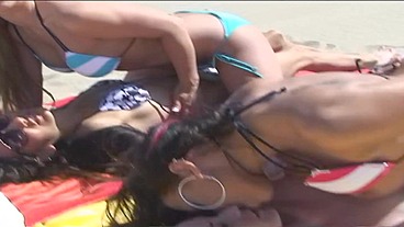 PillowGirls - After beating 2 strangers at beach volleyball, they also fuck them in a lesbian foursome