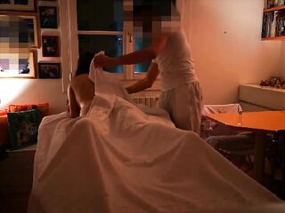 Professional masseur makes a stranger woman cum three times and cums on her abdomen