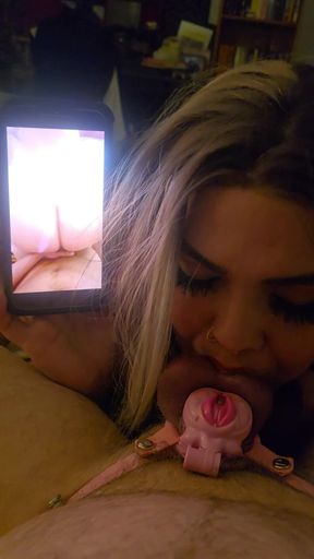 Watching Me Cuck Him During Sph & Light CBT! Flat Pink Pussy Chastity for Cuckie Lol