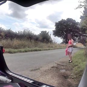 Cross dress in red knickers and bra changing as cars drive past