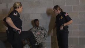 Black guy in army uniform fucks in threesome with couple of slutty female cops