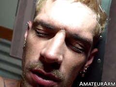 Solo stunner Ken electrified while tugging his big shaft in a fuck sling