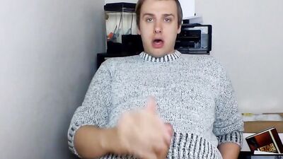 Cute gay guy pulls his dick out and strokes it hard