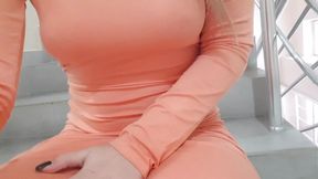 Outdoors play. Girl without panties toy in pussy is walking