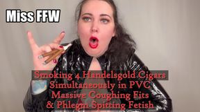 Smoking 4 Handelsgold Cigars Simultaneously in PVC Massive Coughing Fits Phlegm Spitting Fetish