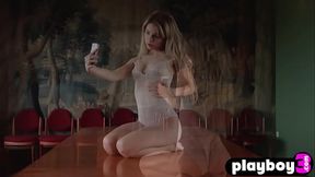 Petite blonde teen shows off her big tits in a sexy striptease