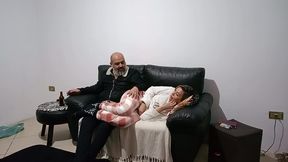 stepfather comes home and finds his stepdaughter on the couch and she seduces him until they have sex.