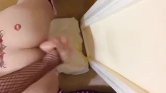 Crossdresser amateur rides big wall-mounted dildo for anal training