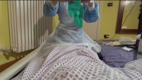 Nurse Nastya EXTRACTING CUM SAMPLE from patient in a plastic catheter with double surgical gloving