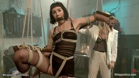 Dominant blonde Lesbian Lorelei Lee whips bound brunette Coral Aorta in lingerie