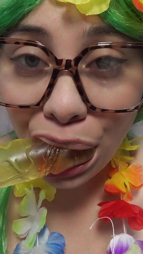 My Stepsister Performs Hawaiian Dance in a Green Hawaiian Cosplay Costume Then Masturbates and Shows What's Under