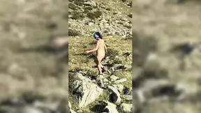 OLDER WOMAN shows off her huge butt while hiking in the Alps