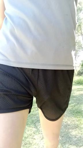 Big cock outdoors - fully exposed on a hike.. taking see through shorts off