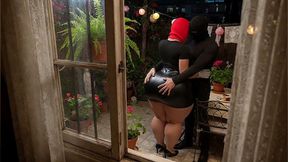 Big Ass Girl in Black Leather Skirt Spied and  in Backyard