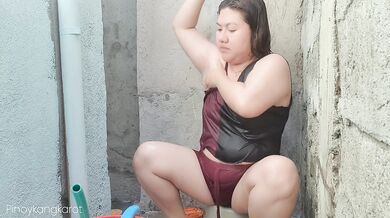 Filipina taking a bath outside the house got fuck