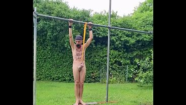 naked pathetic white slave outdoor in penis cage must also during rain entertain the party guests, CMNM