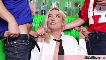 Beautiful blonde waitress selling not only but her body as well