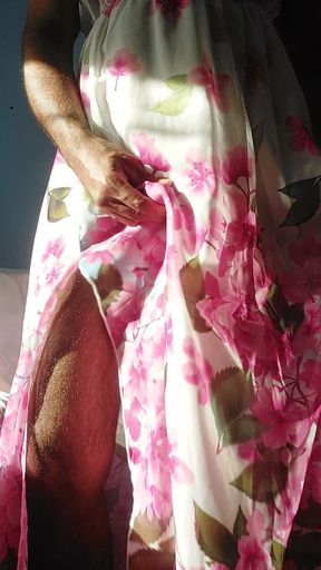 Shemale masterbate and cum in a silky seethrough Chiffon Fleared floral frock